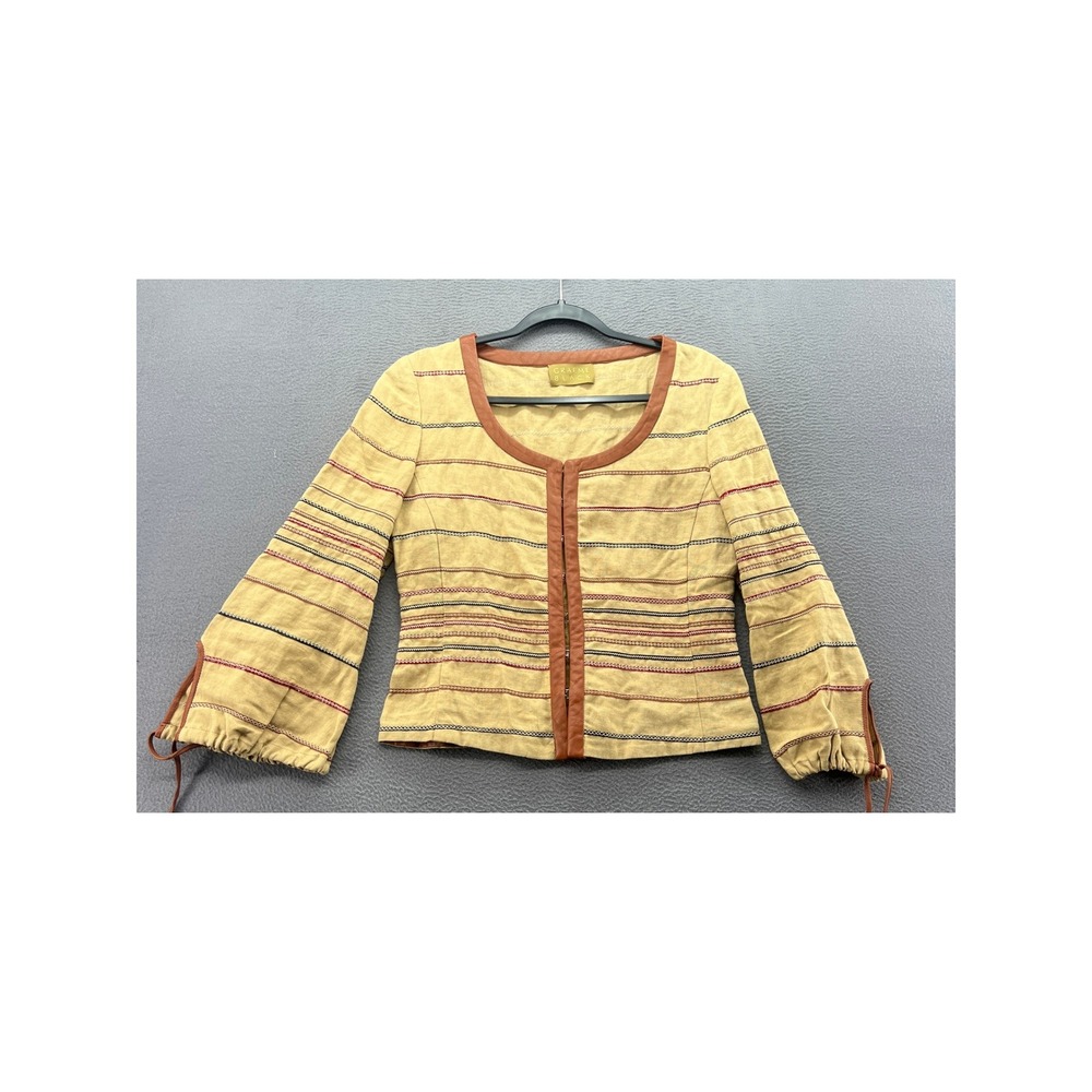 Graeme Black Jacket Womens M Tan Linen Embroidered Leather Trim Bell Slv Italy